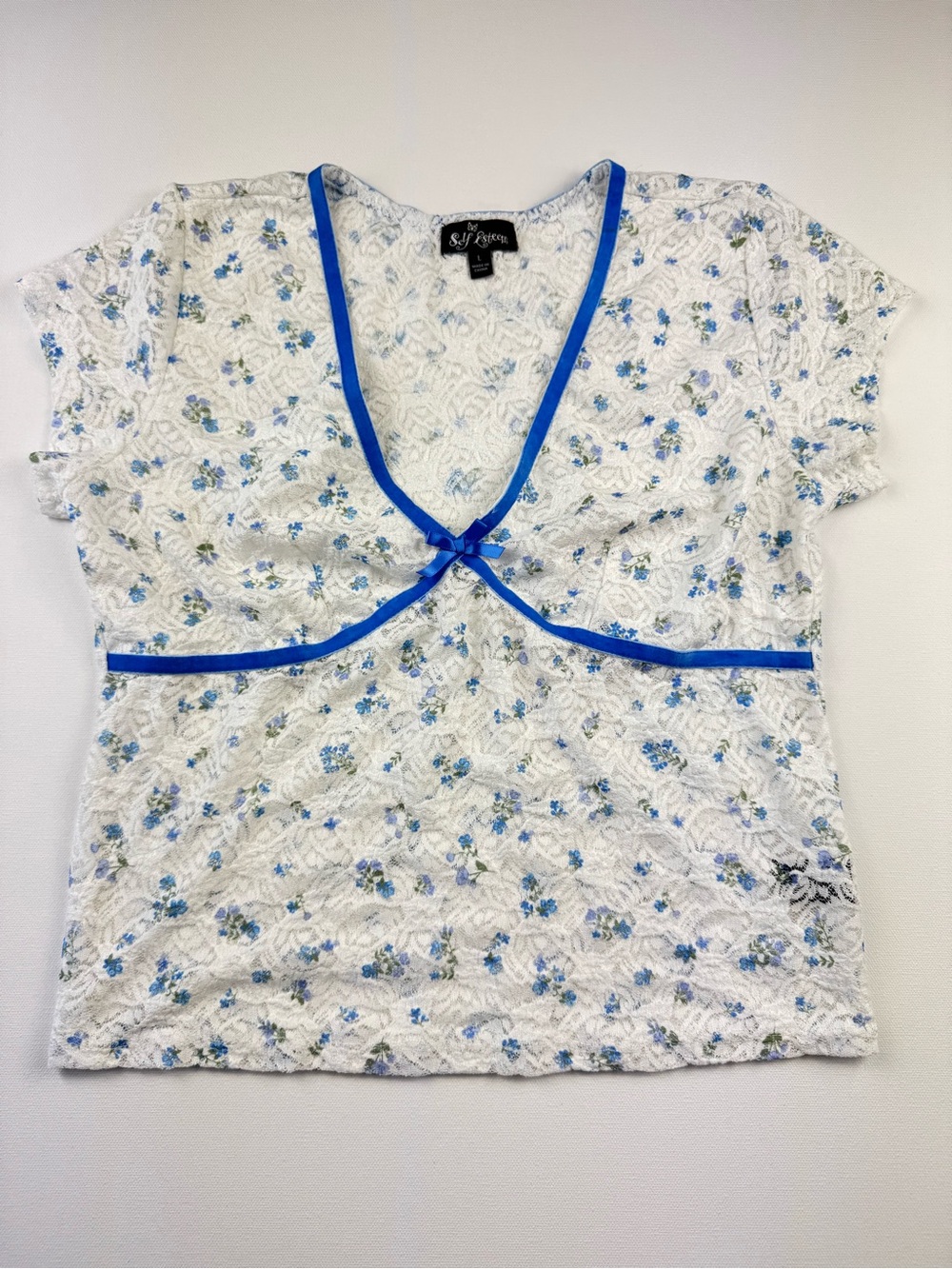 Vintage Y2K Lace Babydoll Floral Blue Bow Sheer Coquette Shirt Top Blouse Ditsy